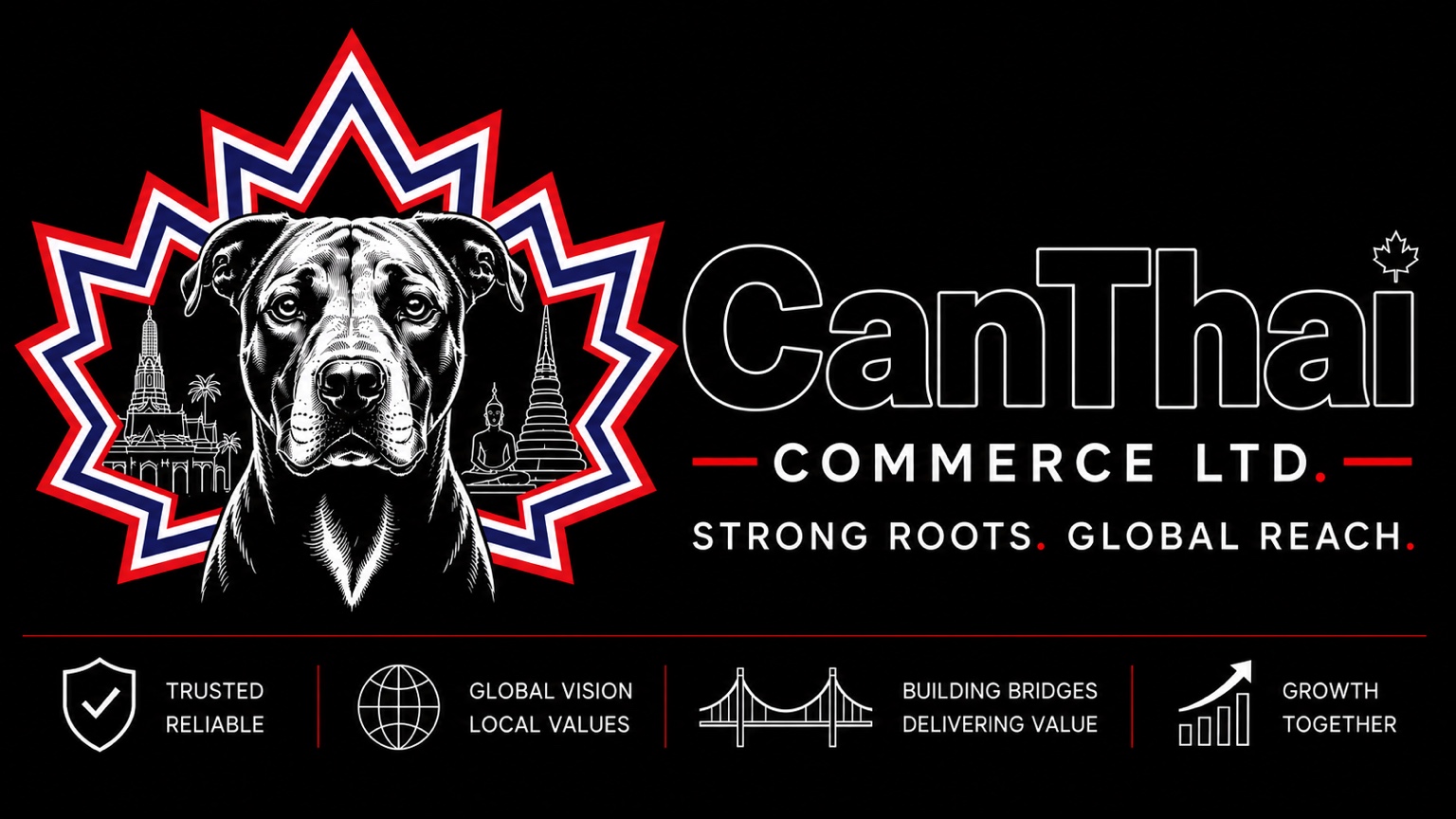CanThai Commerce Ltd. — Strong roots. Global reach. Brand artwork featuring Bauer, a maple leaf, and Thai landmarks.